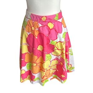 Lilly Pulitzer Floral Skirt Bright‎ Pink Orange Yellow Garden Party Cotton